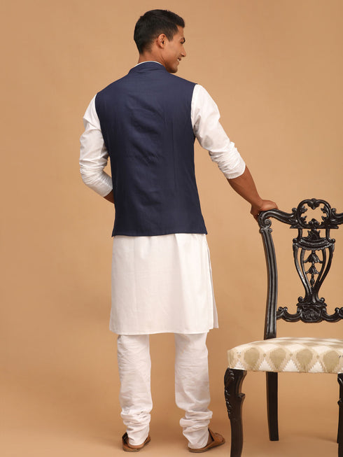 Men's Navy Blue Solid Cotton Nehru Jacket With White Kurta And Pyjama Set
